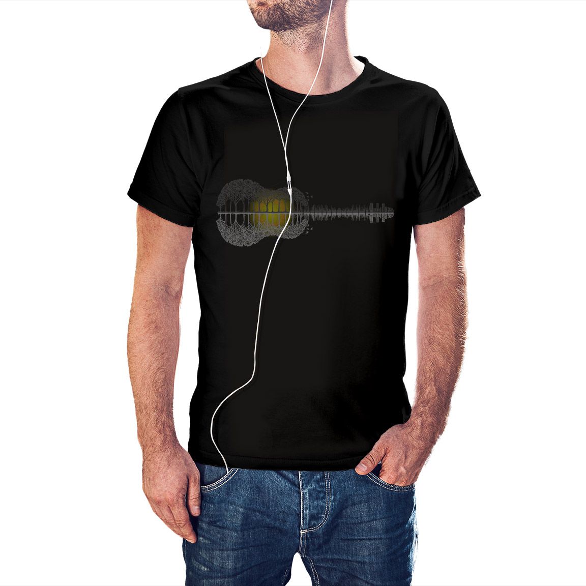 Camiseta negra Paisaje Guitarra con Sol