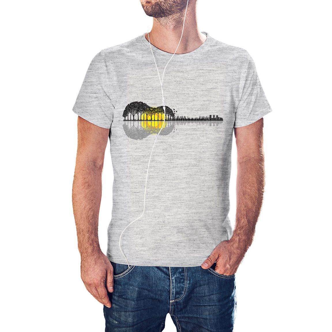 Camiseta gris jaspeado Paisaje Guitarra con Sol