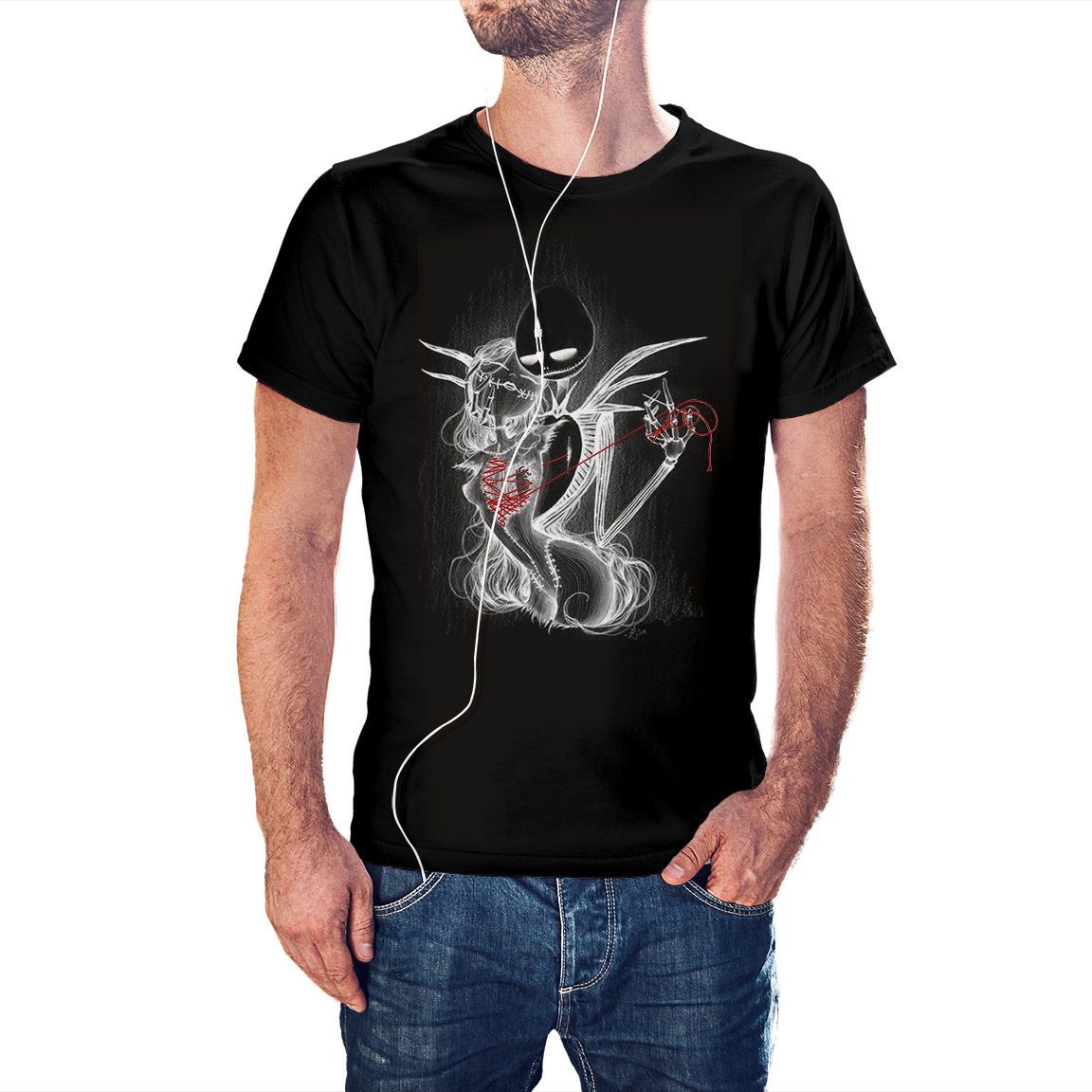 Camiseta negra Pesadilla Antes De Navidad Jack cosiendo corazón de Sally Camiseta negra Pesadilla Antes De Navidad Jack cosiendo corazón de Sally