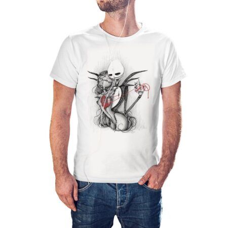 Camiseta blanca Pesadilla Antes De Navidad Jack cosiendo corazón de Sally