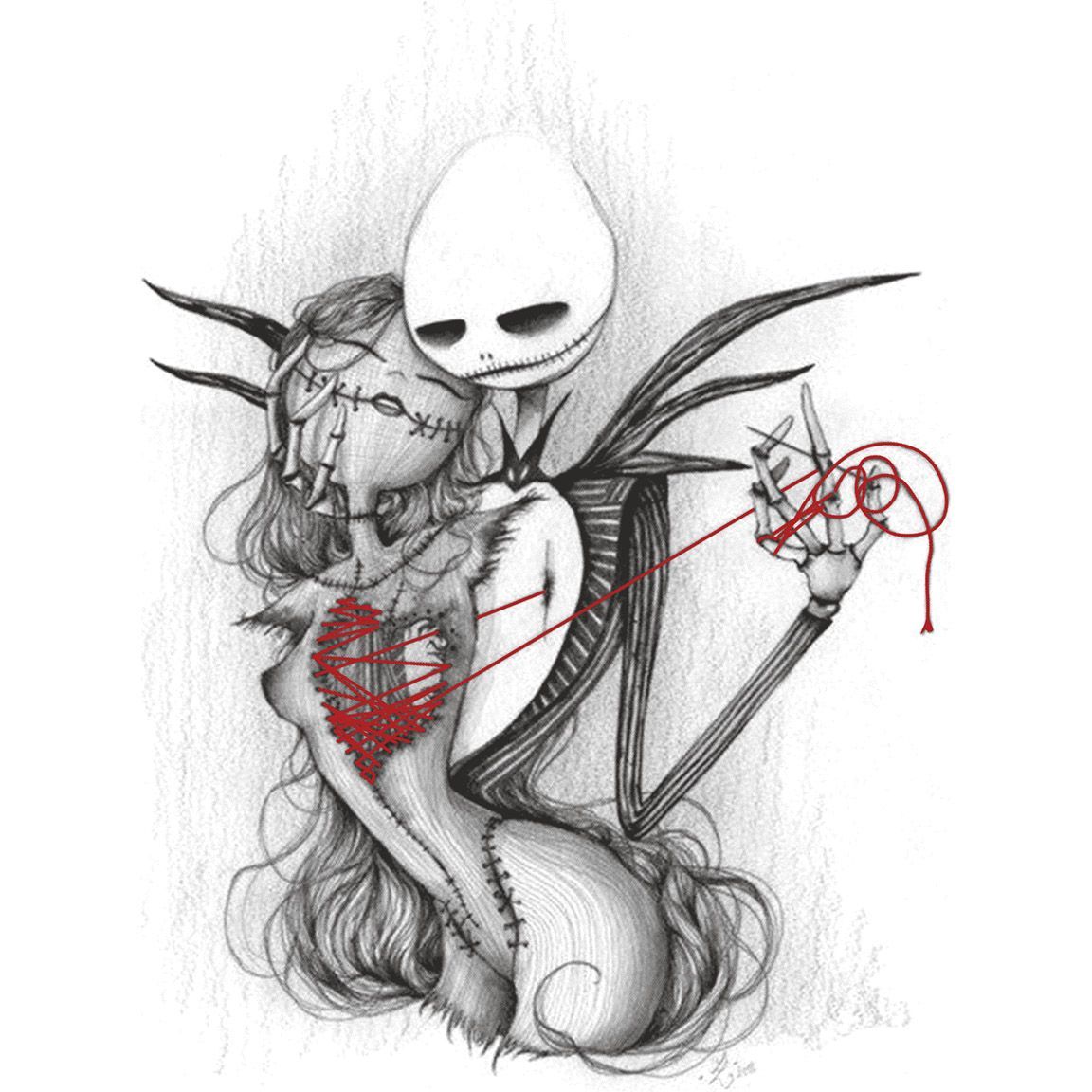 Diseño camiseta Pesadilla Antes De Navidad Jack cosiendo corazón de Sally Diseño camiseta Pesadilla Antes De Navidad Jack cosiendo corazón de Sally