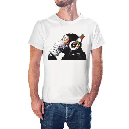 Camiseta Mono con Auriculares Pensando color blanco