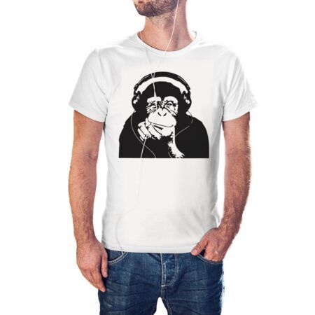 Camiseta Mono Meditando con Auriculares color blanco