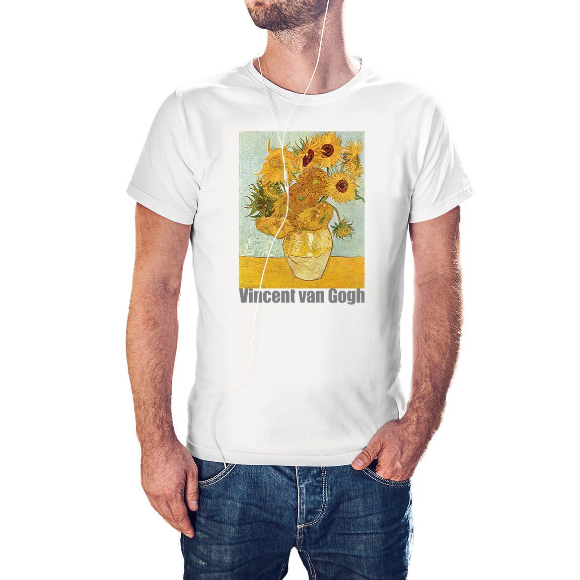 Camiseta Jarrón con doce Girasoles de Van Gogh color blanco