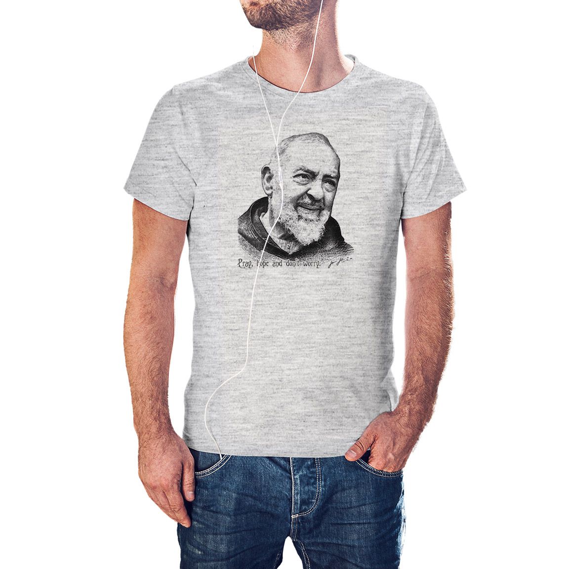 Camiseta Padre Pio de Pietrelcina color gris jaspeado