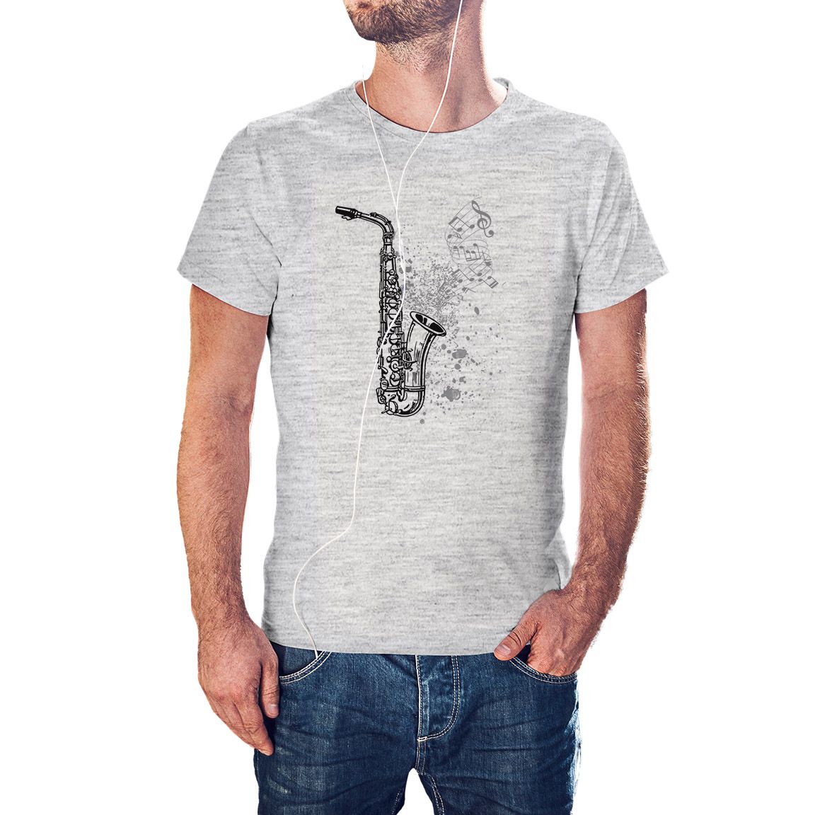 Camiseta Saxofón notas musicales color gris jaspeado