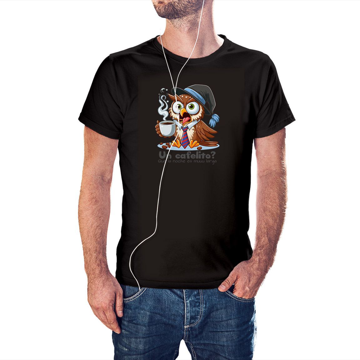 Camiseta Búho un Café la noche es muuu larga! color negro Camiseta Búho un Café la noche es muuu larga! color negro