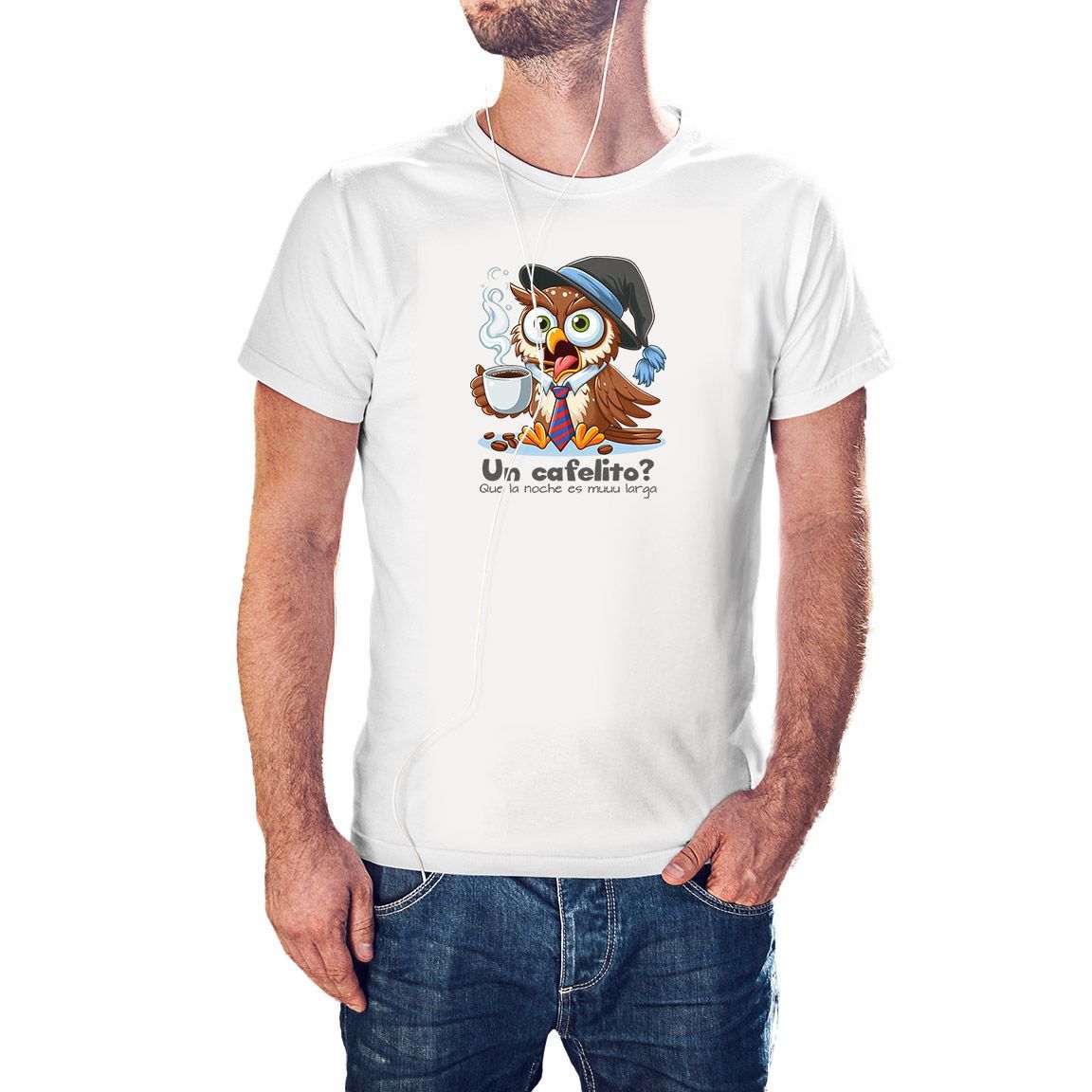 Camiseta Búho un Café la noche es muuu larga! color blanco Camiseta Búho un Café la noche es muuu larga! color blanco