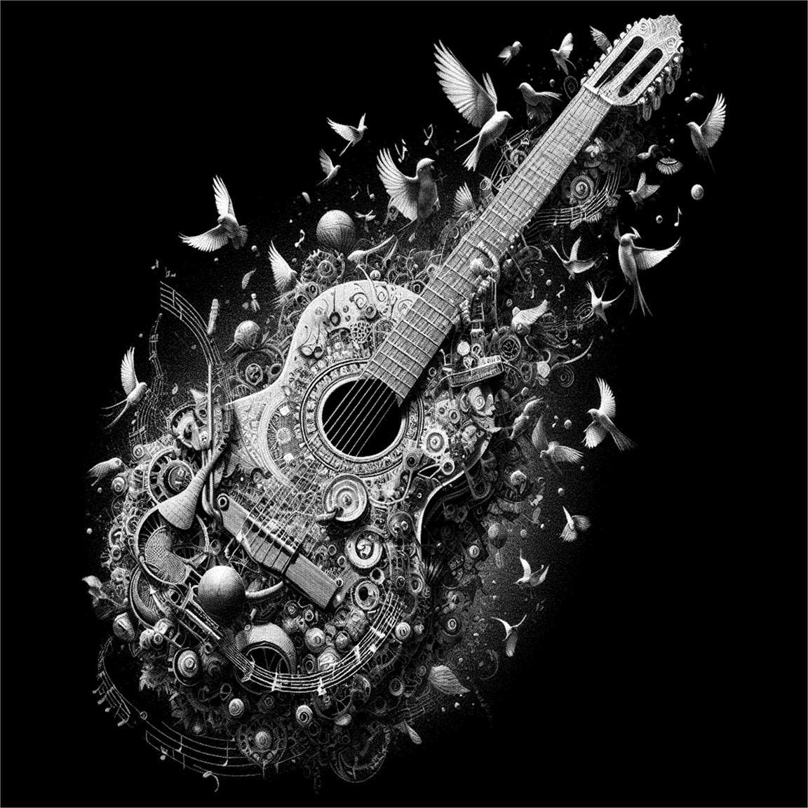 Diseño guitarra Steampunk con pájaros
