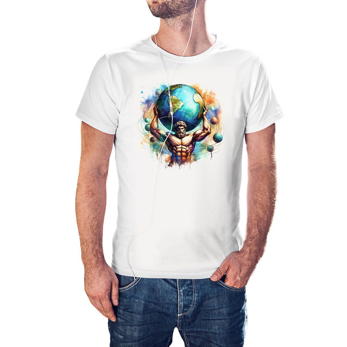 Camiseta Titan Griego Atlas Acuarela color blanco