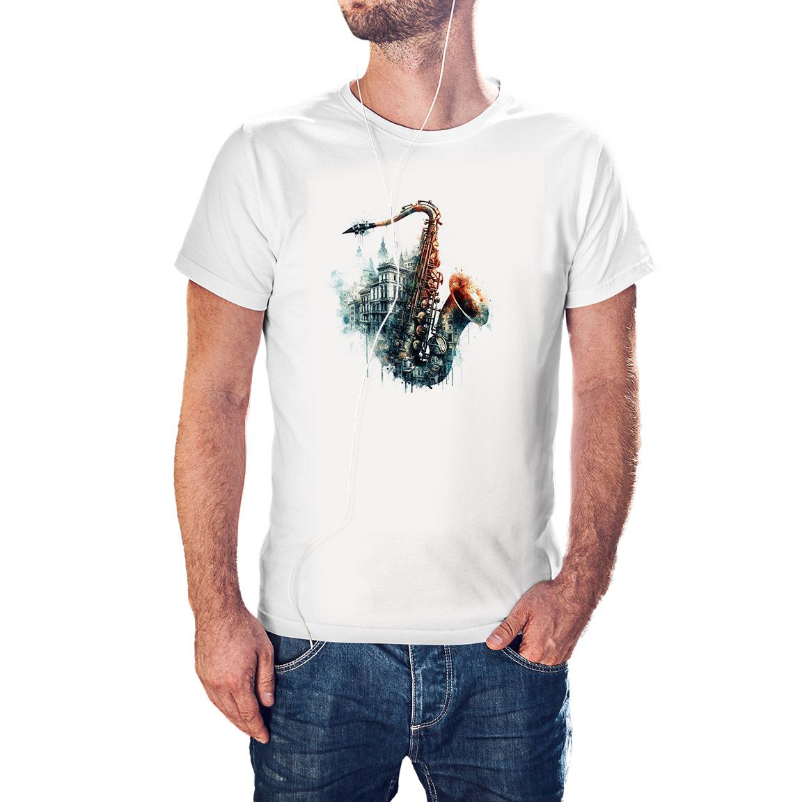 Camiseta Diseño Saxofón Ciudad color blanco