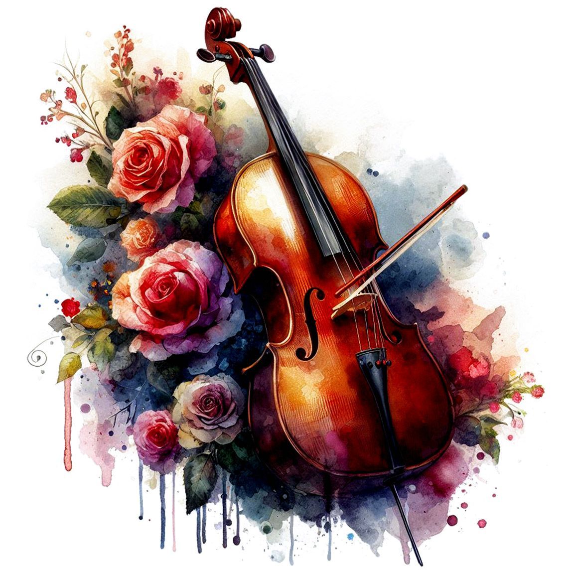 Diseño Violoncelo Acuarela con Flores