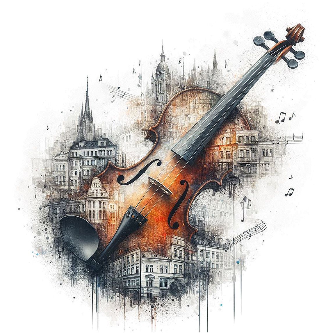 Diseño Violín Ciudad Acuarela
