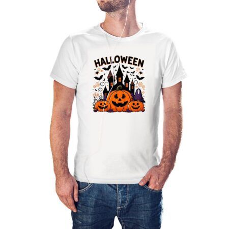 Camiseta Casa Encantada con Calabazas y Murciélagos color blanco