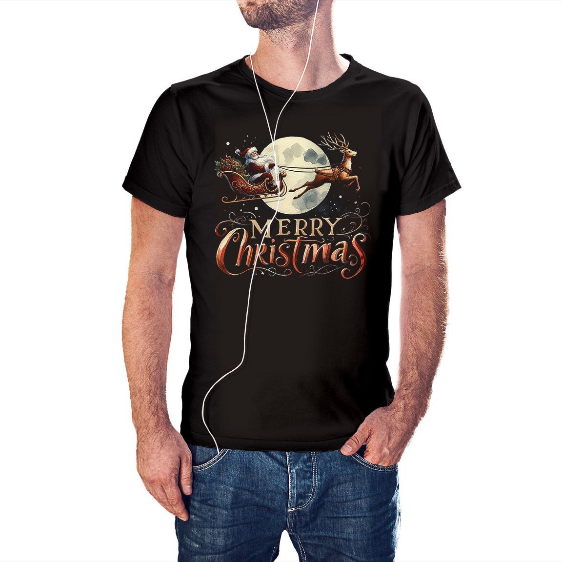 Camiseta Santa Volando Luna Merry Christmas color negro