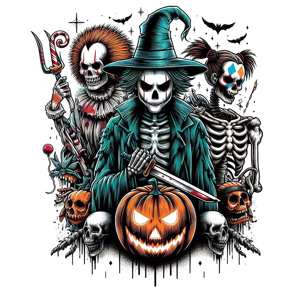Diseño Bruja, Payaso y Arlequín Terroríficos