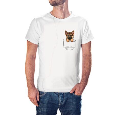 Camiseta Cachorrito Pastor Alemán en Bolsillo color blanco