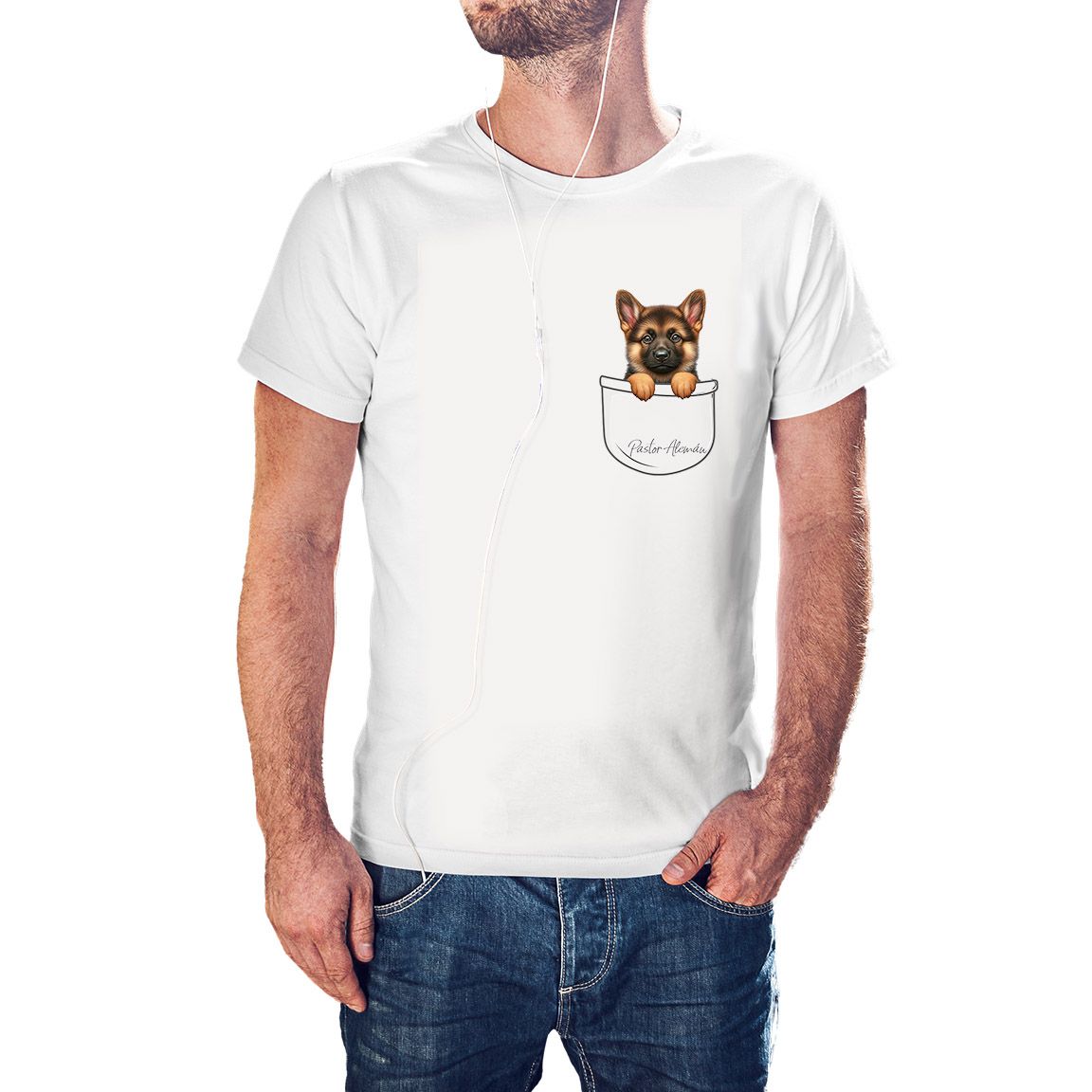 Camiseta Cachorrito Pastor Alemán en Bolsillo color blanco